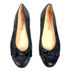 Anyi Lu Black Leather Handmade in Italy Textured Flats with Bow